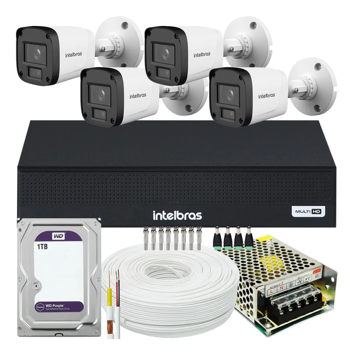 Kit 4 Câmeras de Segurança Intelbras VHL 1220 B Full HD + DVR MHDX 1204-C + HD 1TB WD Purple + Acessórios